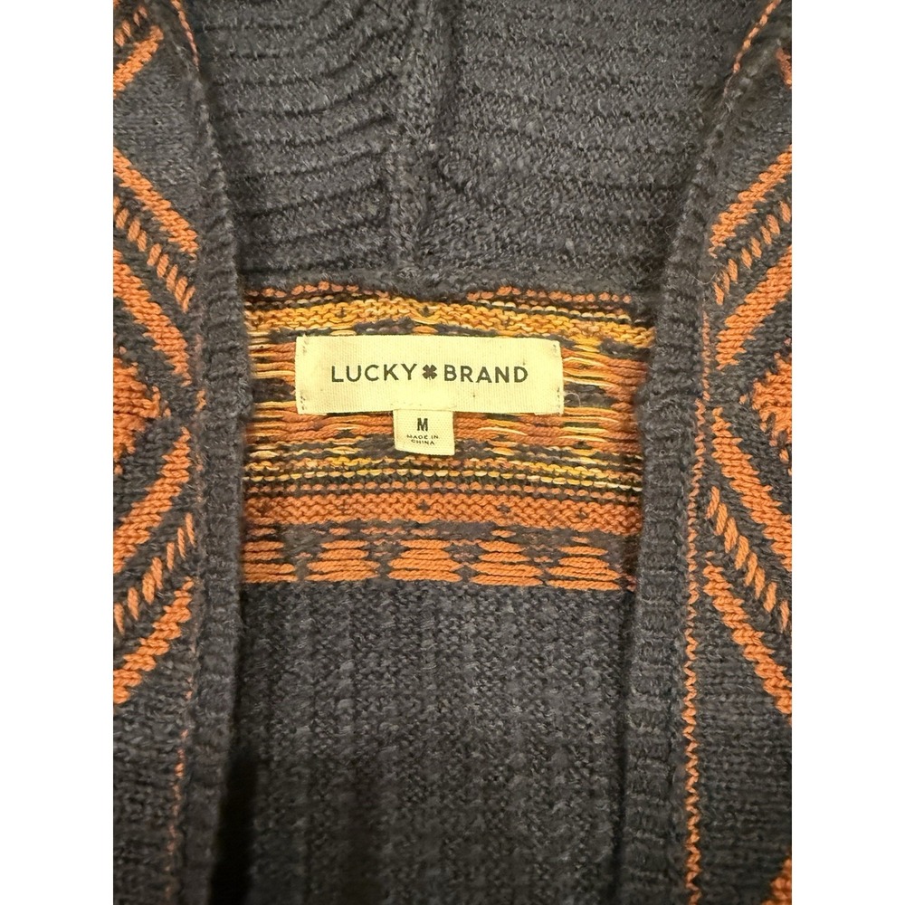Lucky Brand Southwestern Aztec Cardigan Med Blue Oversize Boho Retro Cozy Hooded - Picture 3 of 9
